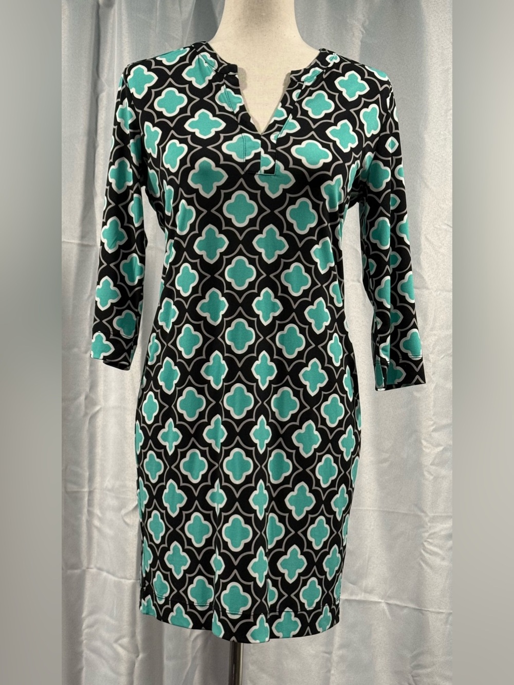 Banana Republic Factory 3/4 Sleeve Black & Teal Geometric Print Dress